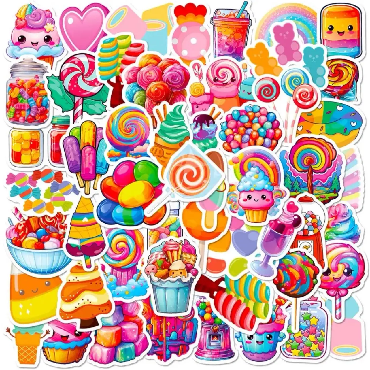 50 Pack Colorful Candy, Lollipop, Ice Cream, Sweet Food Waterproof Stickers for Skateboards, Phones, Guitars, Cars, Laptops, Water Bottles & More - Fun Party Supplies & Decorations