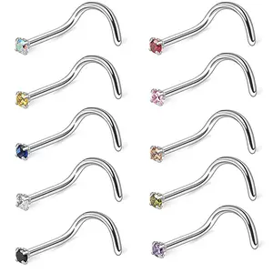 OIDEA Nose Stud Ring 18G 316L Surgical Steel Cubic Zirconia Rhinestone Diamond Curved J-Hook Body Piercing Jewelry 10PCS Set