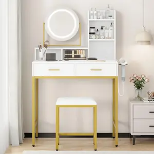 Vanity Desk with Lighted Mirror, Vanity Desk with Adjustable Rotating Mirror,Adjustable Rotating Makeup Desk with Outlet/USB | 3 Color Lights, 2 Drawers, Shelves & Stool