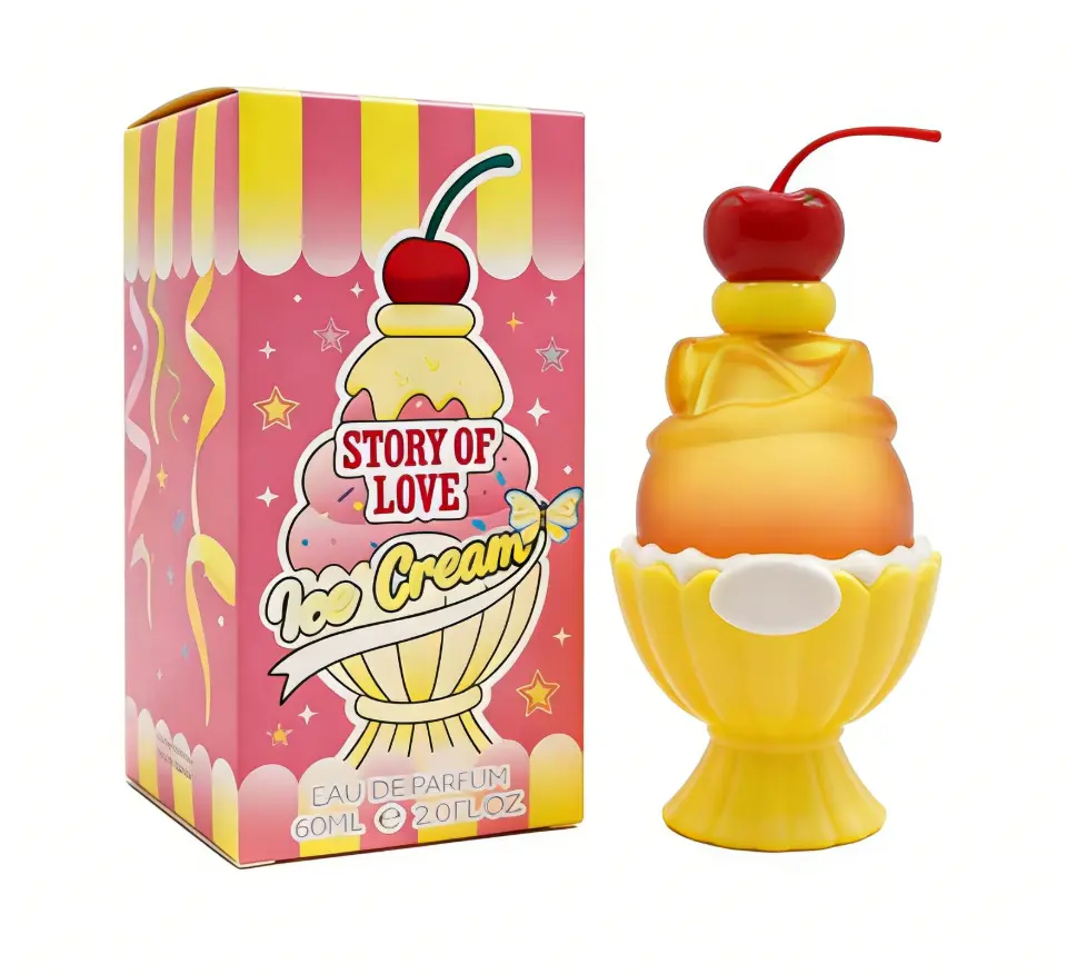 STORY OF LOVE Cute Yellow Ice Cream Perfume for Teen Girls & Women – 2.0 fl oz Sweet Fruity Fragrance Spray, Long Lasting Floral Scent with Cherry Cap, Romantic Gift