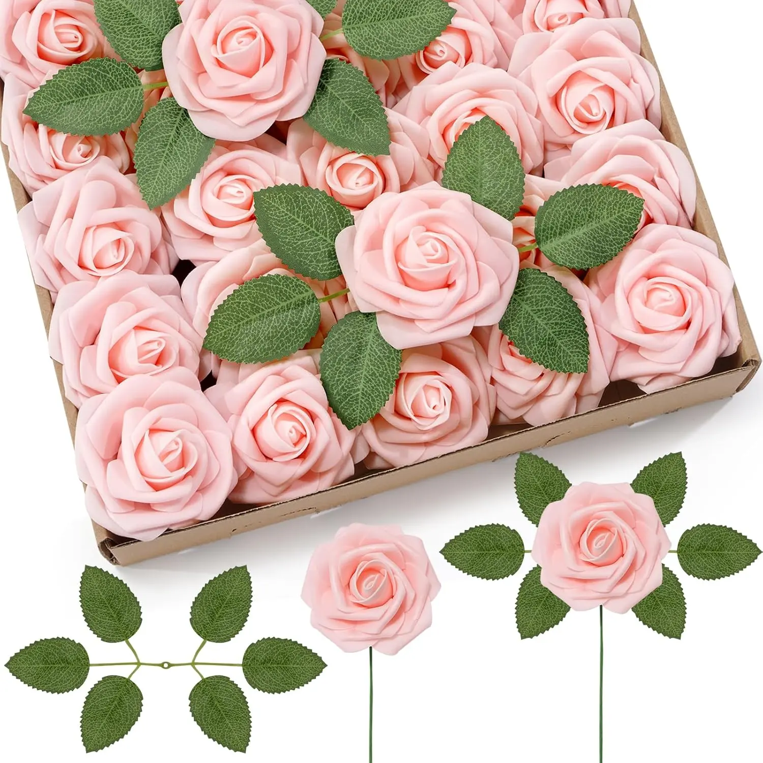 Blush Pink Foam Lifelike Artificial Roses with Stems, 25/50Pcs Bouquet-Shaped Decorative Artificial Flowers for DIY Wedding Bouquets, Indoor Decor, Lifelike Artificial Flowers
