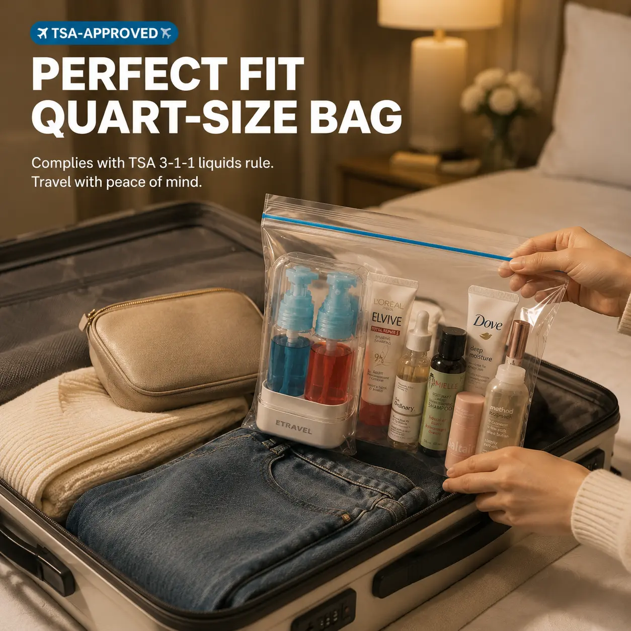 4-in-1 Travel Toiletry Dispenser - TSA Approved, Leak-Proof Refillable Pump Bottles for Shampoo & Lotion