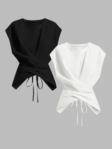 Women's Knit Round Neck Drop Shoulder Sleeve Basic T-Shirt Matching Set, Fashion Chic Casual Asymmetrical Ruched Cross Cutout Back Tie Top Womenswear Knitwear