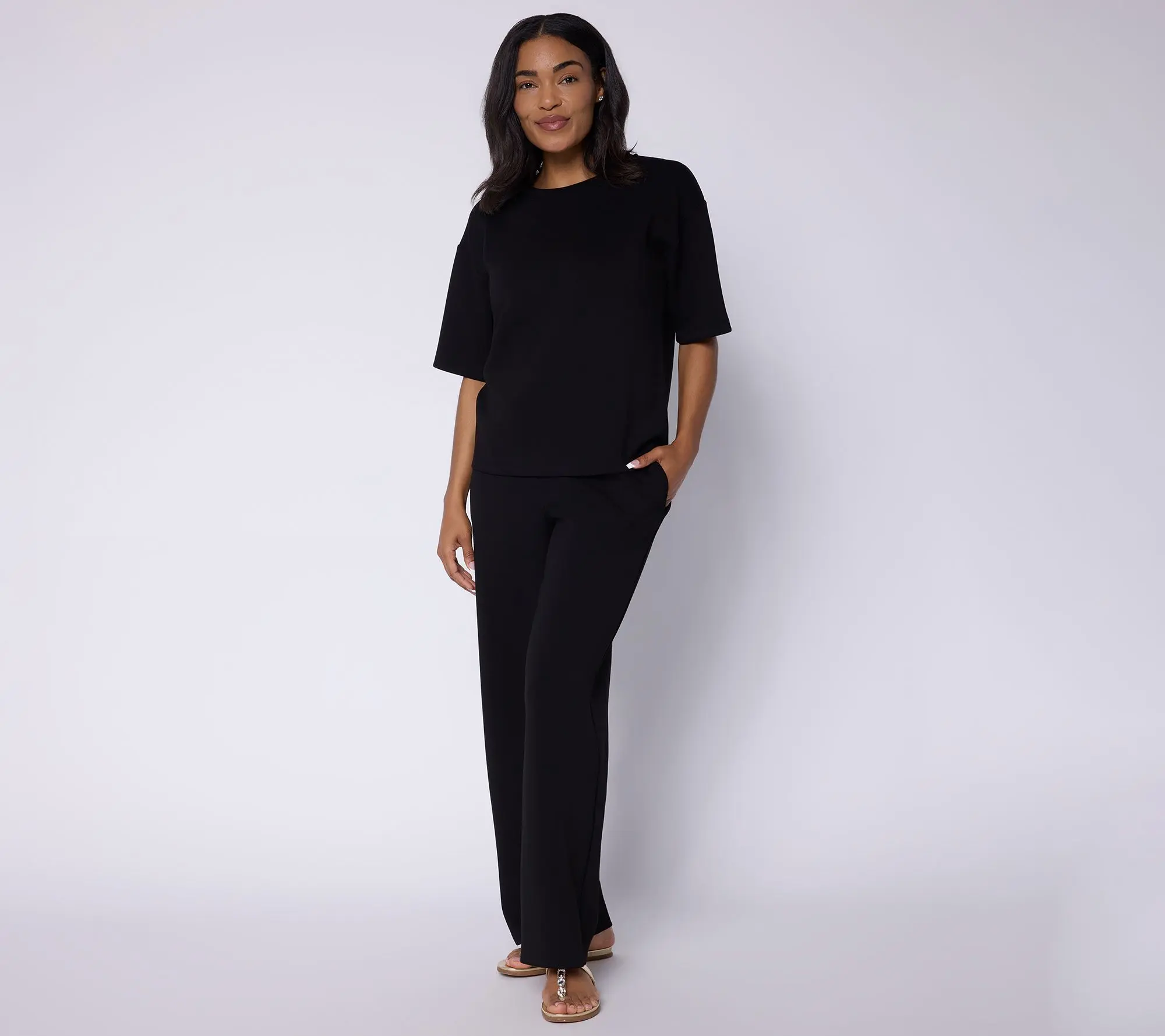 Susan Graver Weekend Petite Serene Knit Top and Wide Leg Pant Set