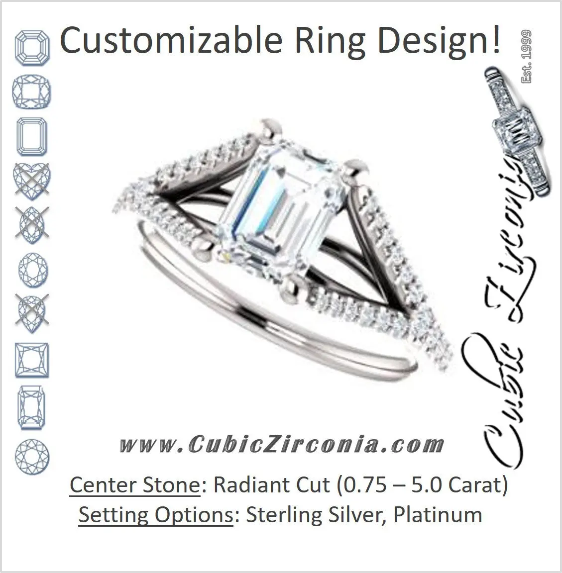 Cubic Zirconia Engagement Ring- The Mailynne (Customizable Radiant Cut Style with Split-Pavé Band)