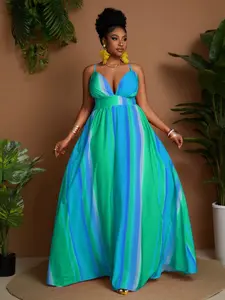 Plus Size Vacation Casual Contrast Striped Maxi Spaghetti Strap Dress