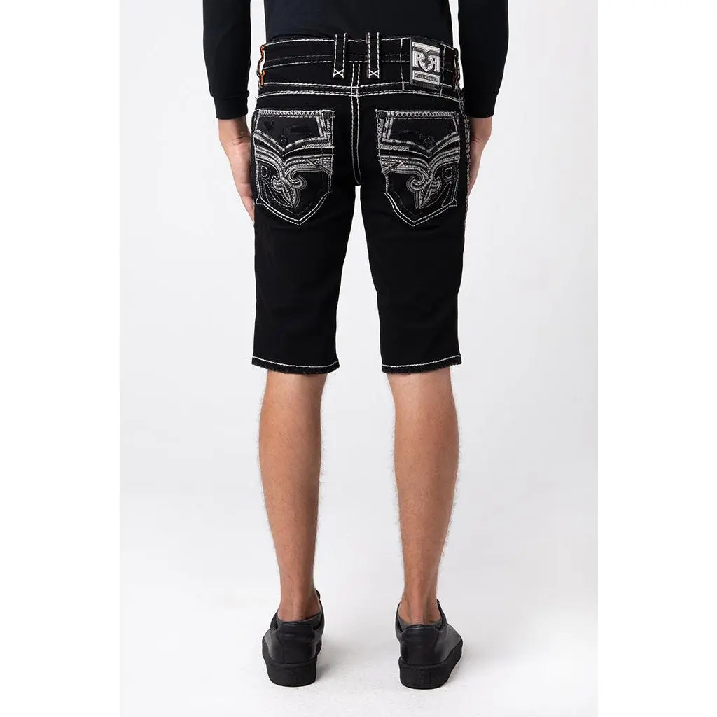 Rock Revival Menswear Men's Greyton Vintage Relaxed-Fit Stretch Denim Shorts - Distressed, with Fleur-de-Lis Embroidery and Pocket, Mensfashion, Retro Style, Mid-Rise, Distressing