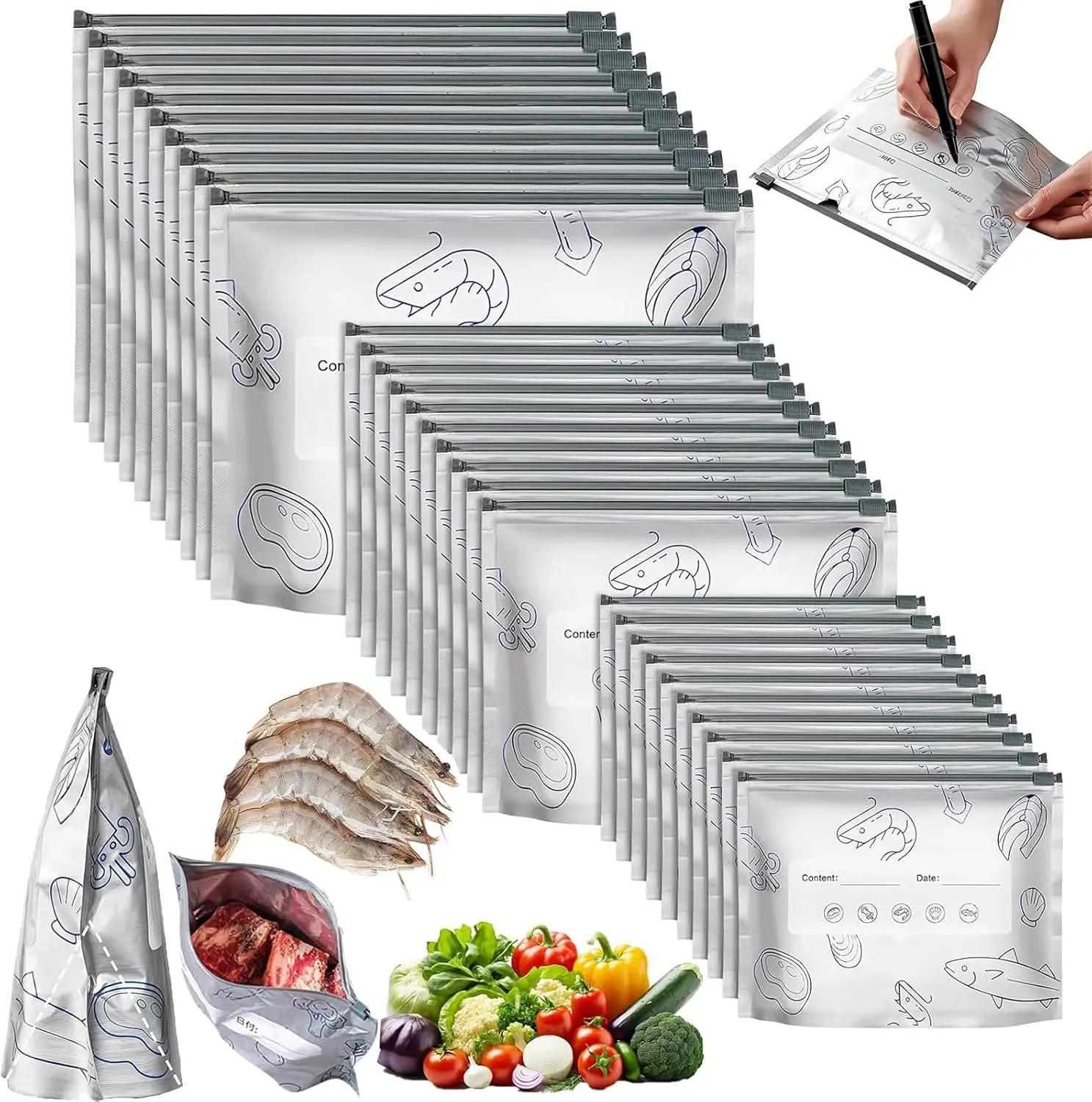 30 reusable aluminum foil sealed storage bags, vacuum zipper bags with labels and zipper locks, kitchen supplies for food, vegetables, fruits, and meats, perfect for Thanksgiving, Christmas, and New Year gifts (10 S+10 * M+10 * L)