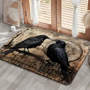 Gothic Vintage Black Raven Steampunk Clock Soft Bohemian Area Rug Washable Indoor Floor Mat for Dark Academia Witchy Entryway Living Room Bedroom Home Decor