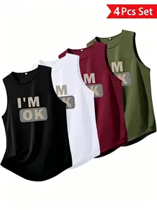 4-Pack Men's "I'M OK" Graphic Tank Tops | Casual Sleeveless Crew Neck Fitted Shirts, Soft Breathable Daily Menswear Tops for Men, Muscle Tank Tops, S-2XL Multiple Sizes