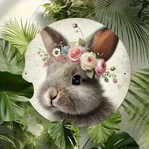 Easter Bunny Wreath Metal Tin Sign Set Vintage Farmhouse Wall Decor Retro Holiday Home Garden Art 8x8 Inch Printed Iron Circular Decor for Porch Living Room Party Aesthetic Country Style