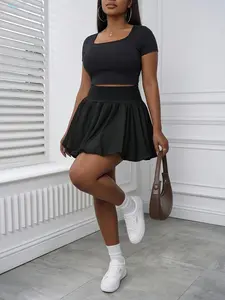 Women's Plus Size Two-Piece Set, Includes Top and Skirt, Summer Solid Color Short Sleeve Round Neck, Pleated A-Line Half Dress, Fit, Womenswear