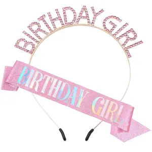 P-HDW015   Glitter Birthday Sash, Tiara and Rhinestone Headband Set - Pink Birthday Accessories for Her