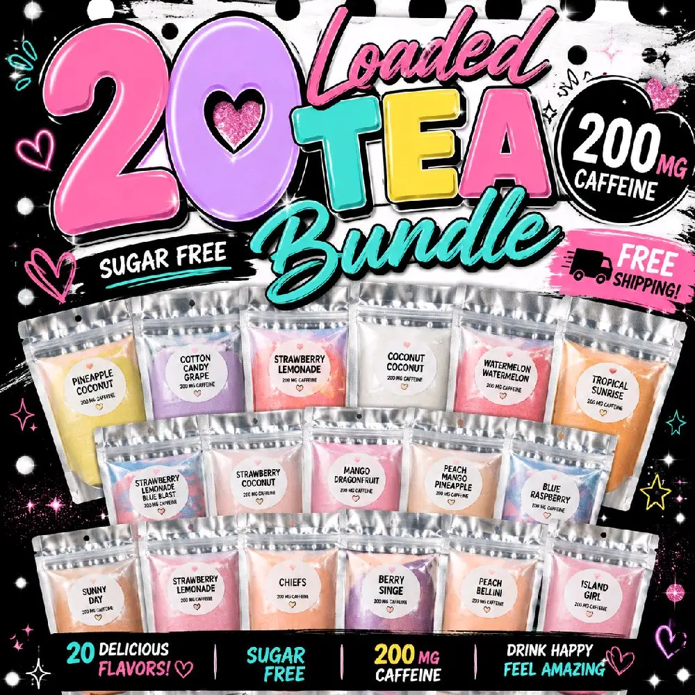 20 LOADED TEA single serving packages with each order. Each Single package makes 1 Loaded Tea 200 MG CAFFEINE IN EACH PACKAGE.