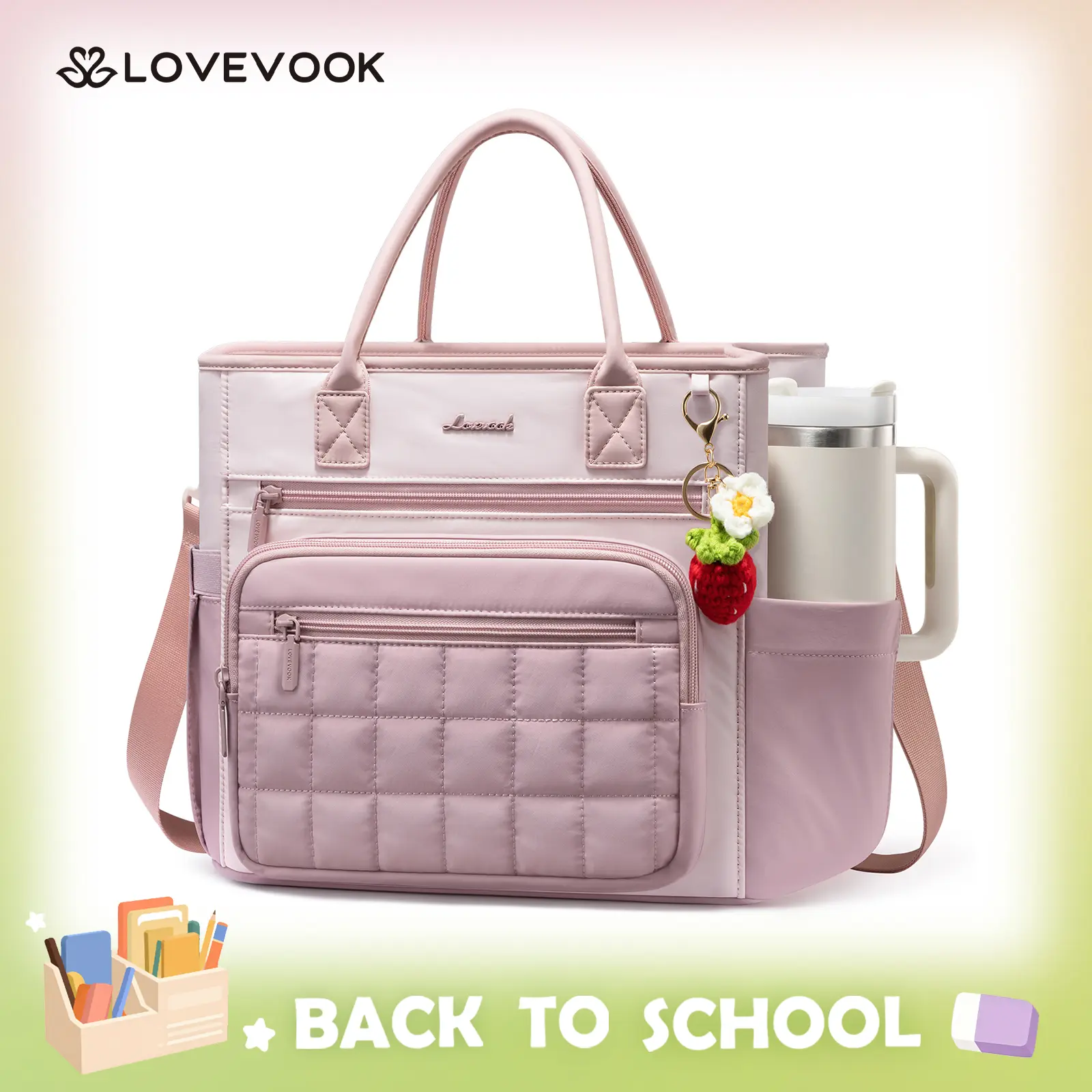 LOVEVOOK Insulated Lunch Bag Women,Puffer Adult Lunch Box Women with Handmade Strawberry Charm,Wide Opening Leakproof Cooler Bag with Cup Holder for Work Picnic,Lunch Box/Bag for Kids Girl Boy School TikTokShopBackToSchool