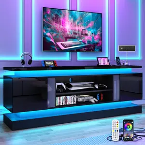 71in Led TV Stands w/Power Outlet for 85/80/75 Inch TV,High Glossy Modern TV Console Gaming Entertainment Center with 2 Storage Cabinets,Dual LED Lights，White,Black