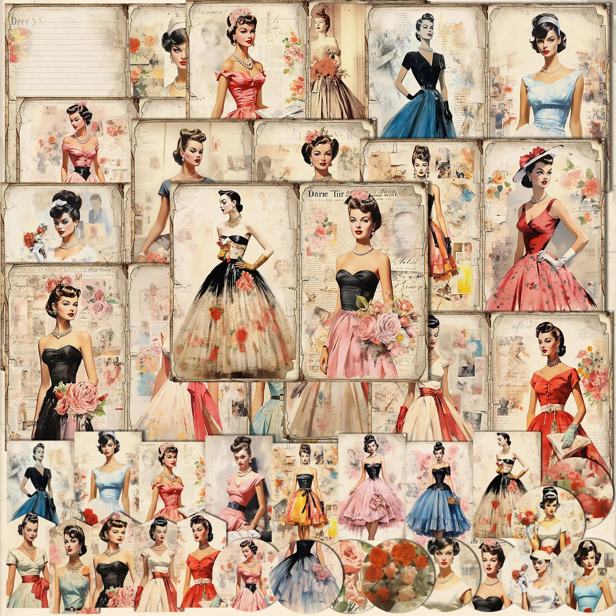 Vintage Girl Theme Journal Paper Set, 58pcs/set Including 46pcs Sticker, 12pcs Scrapbook Paper & Scrapbook Page, DIY Scrapbooking & Journal Making Supplies, Scrapbook Materials, Craft, DIY Craft Kit