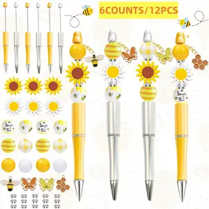 Sunflower Themed Beaded Ballpoint Pen Set, 6/12 Sets Beaded Ballpoint Pen with Bee & Butterfly Charm, DIY Writing Pen Set for Office School Student, Office Stationery Supplies