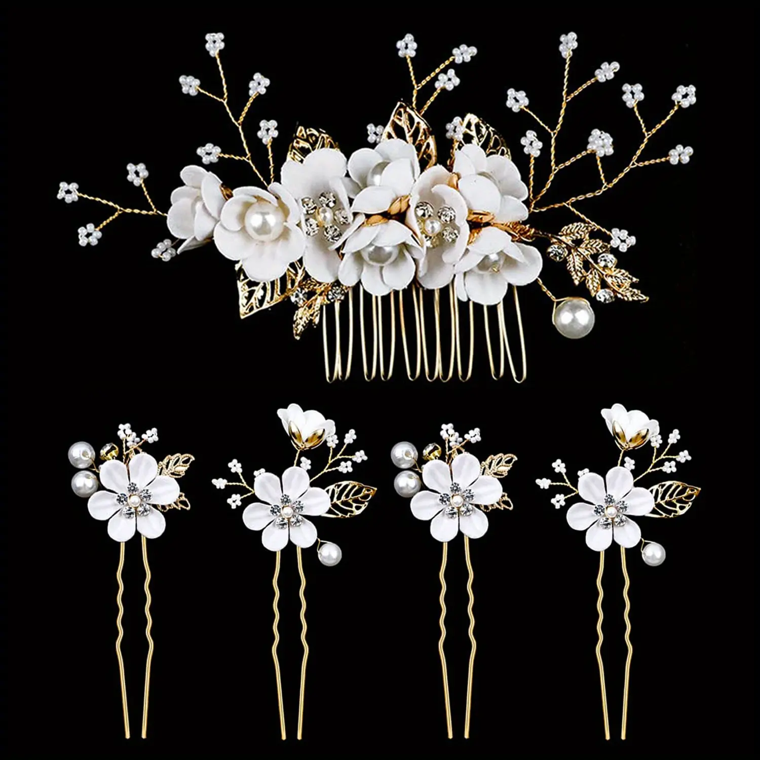 Women’s 5-Piece Vintage Flower Motif Hair Accessories Set - Rhinestone Pearls Hair Pins, Combs, Forks, Clips - for Bridal Shower, Pageant, Wedding Events (White)