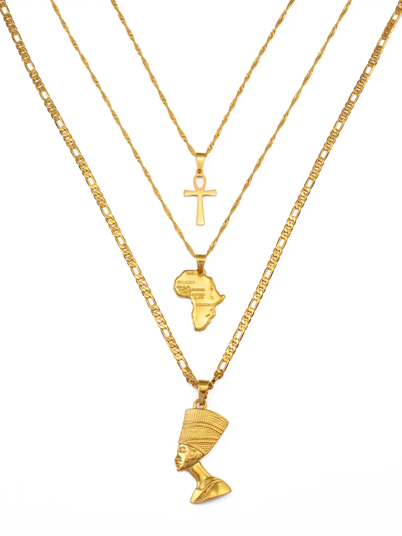 3pcs Necklaces Together Ankh Nefertiti Africa Map Pendant Gold/Silver Color Birthday Party Ethnic Jewelry Women
