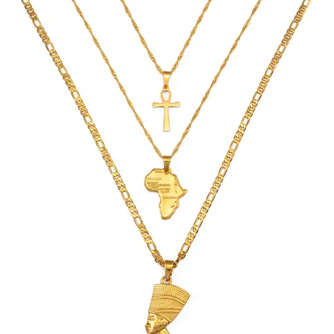 3pcs Necklaces Together Ankh Nefertiti Africa Map Pendant Gold/Silver Color Birthday Party Ethnic Jewelry Women Jewelry Gifts