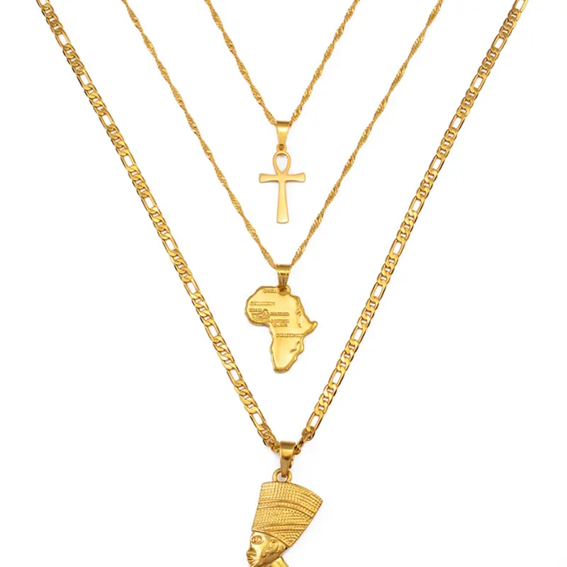 3pcs Necklaces Together Ankh Nefertiti Africa Map Pendant Gold/Silver Color Birthday Party Ethnic Jewelry Women Jewelry Gifts