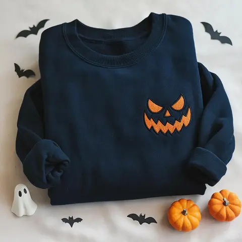 Embroidered Halloween Pumpkin Face Sweatshirt, Embroidered Jackolantern Crenneck, Tonal Spooky Season Sweater, Trendy Fall Apparel, Unisex