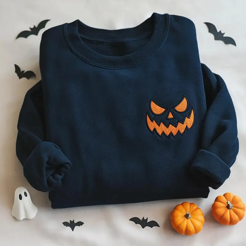 Embroidered Halloween Pumpkin Face Sweatshirt, Embroidered Jackolantern Crenneck, Tonal Spooky Season Sweater, Trendy Fall Apparel, Unisex