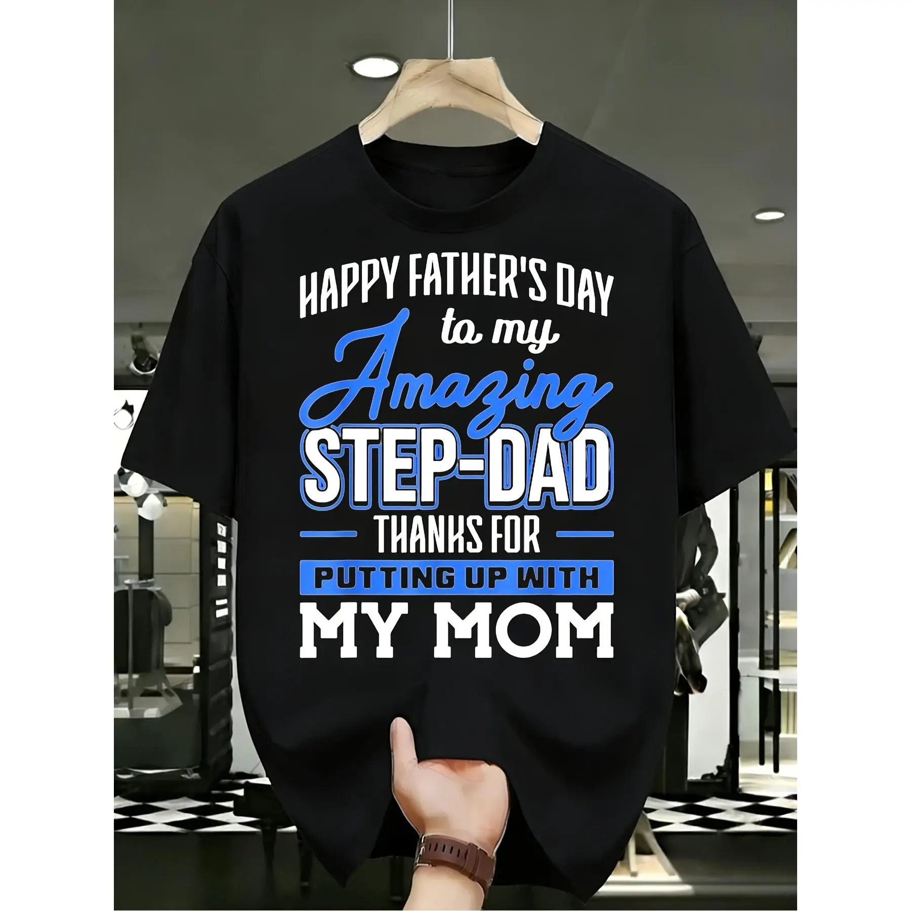 Men's Funny Step-Dad T-Shirt - "Thanks for Putting Up with Mom" Humorous Gift Suitable for Dad, Stepdad for Father's Day, Christmas, Birthdays - Machine Washable Round Neck Tee for Casual Attire & Holiday Parties - Funny Graphic Apparel