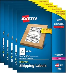 Avery 5126 Half-Sheet Printable Shipping Labels 5.5" x 8.5" Customizable White Stickers 1000 Blank Mailing Labels for Mailing Shipping Organizing 5-Pack