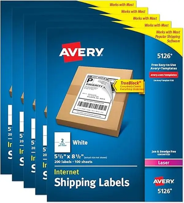 Avery 5126 Half-Sheet Printable Shipping Labels 5.5" x 8.5" Customizable White Stickers 1000 Blank Mailing Labels for Mailing Shipping Organizing 5-Pack