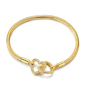 MULA 14K Gold Plated Interlocking Hearts Snake Chain Bracelet – 925 Silver-plated Double Heart Clasp with Pave Zirconia & Rope Texture, Compatible with Pandora Charms, Romantic Valentine's Day Gifts for Her