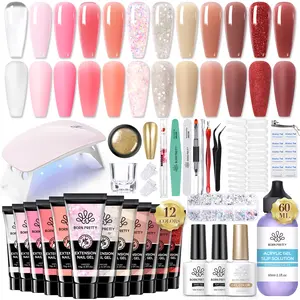 BORN PRETTY Poly Nail Extension Gel Set Poly Nail Gel Kit Nude Clear Jelly Pink All-In-One Kit With Builder Gel Nail Lamp, Base&Top Coat, Nail Forms French Manicure Women's Day Gift Nail Art DIY At Home Builder Gel Halloween Nail