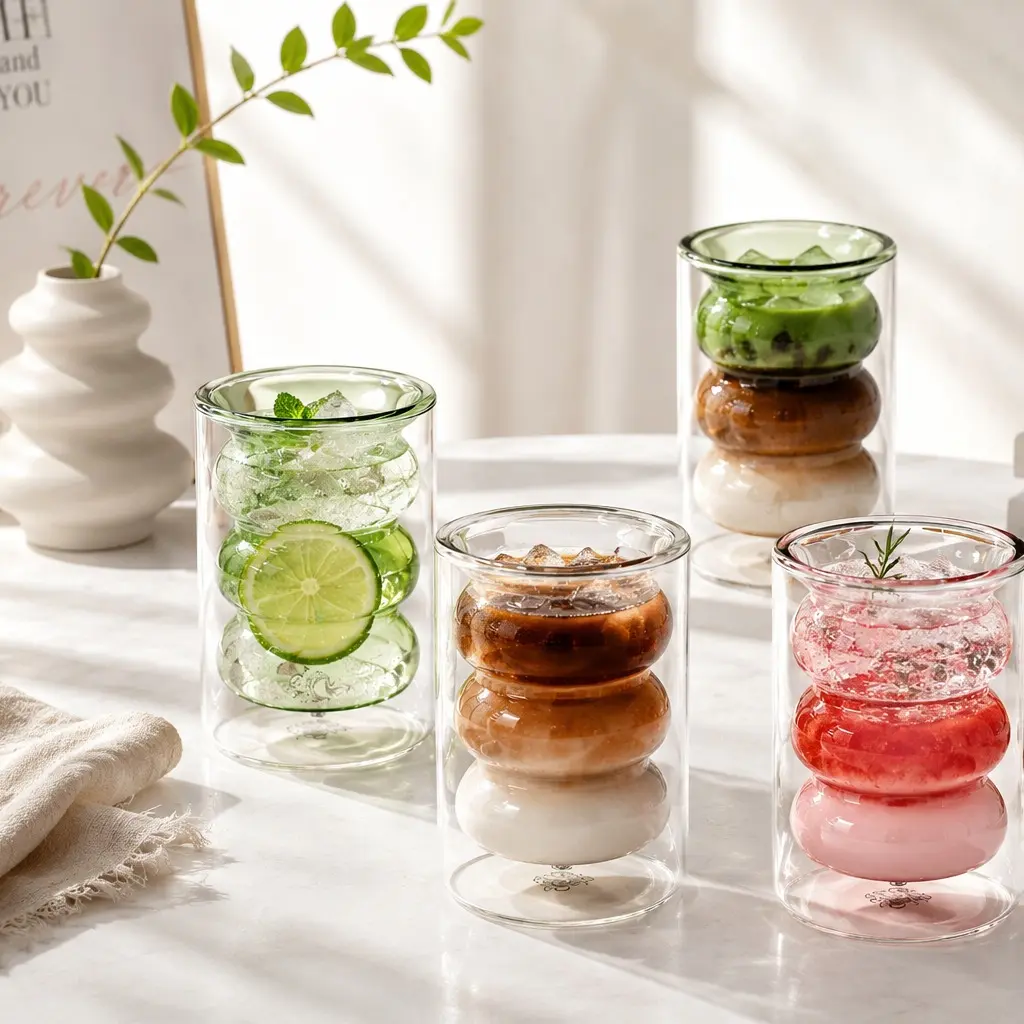 KIJKSYJ 11oz Double Wall Borosilicate Glass Cups - Ribbed Top, Stackable, Insulated, Heat Resistant, Dishwasher Safe Kitchen Drinkware (Clear, Gray, Green, Pink) for Coffee Lovers, BFF Gifts, Clear(Set Of 4), Gray+Clear+Green+Pink(Set Of 4), Green(Set Of,