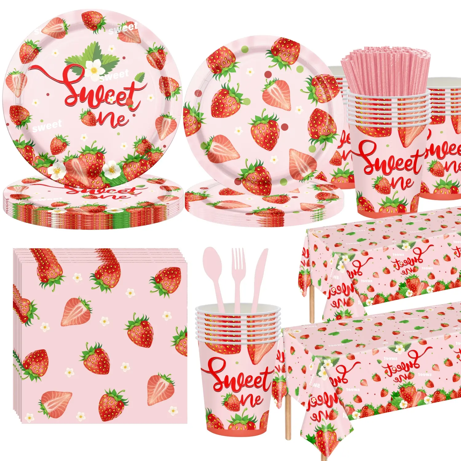 133PCS Strawberry Themed All Table Items Set - Daisy Floral Look Disposable Tableware (Plates, Cups, Napkins, Cutlery, Tablecloth) - Hot/Cold Safe for Girls' 1st Birthday, Large Parties