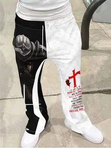 Men's Flared Trousers, Vintage Knight Christian Faith Pattern Print, Casual Geometric Design, Fitted All-Season Long Pants