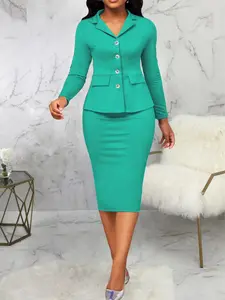 Two-Piece Set Women's Solid Button Front Blazer & Split Hem Skirt, Elegant Lapel Neck Long Sleeve Outerwear & Pencil Skirt for Work Office Business, Formal Business Suit, Ladies Clothes for All Seasons