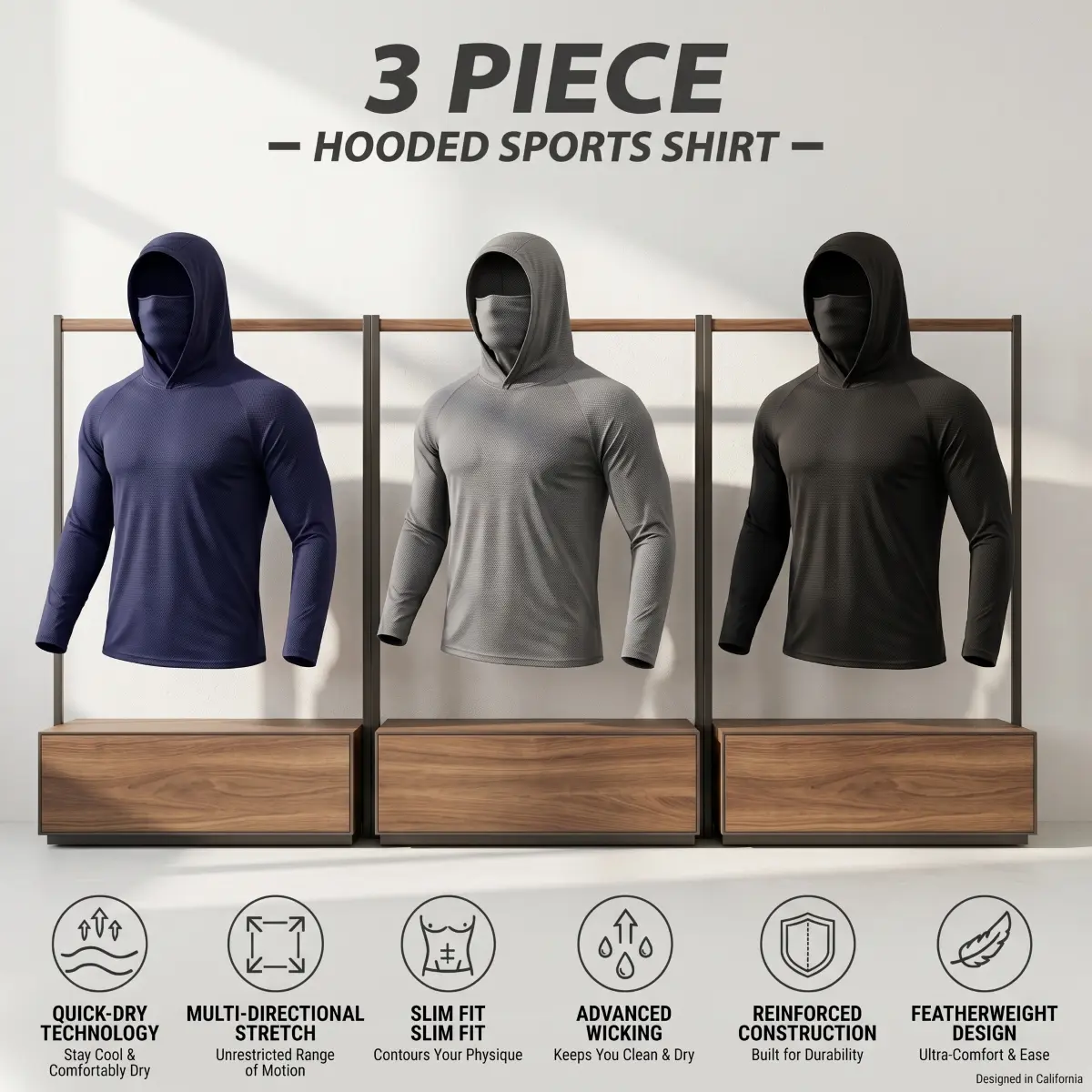 Men's 3-Pack Ice Silk Quick Dry Breathable Sun Protection Hoodies with Built-in Face Mask Hood, UPF50 Long Sleeve Compression Rash Guard Tops, Lightweight Stretch Sport Shirts for Fishing, Workout, Holiday Gift, Sun Protection Hoodie, Male, Solid Colors