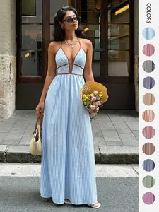 Women's French Vacation Striped Halter Dress with Deep V Neckline, Waist-Cinching Design, Floor-Length Casual Wear Beach Dress, Summer