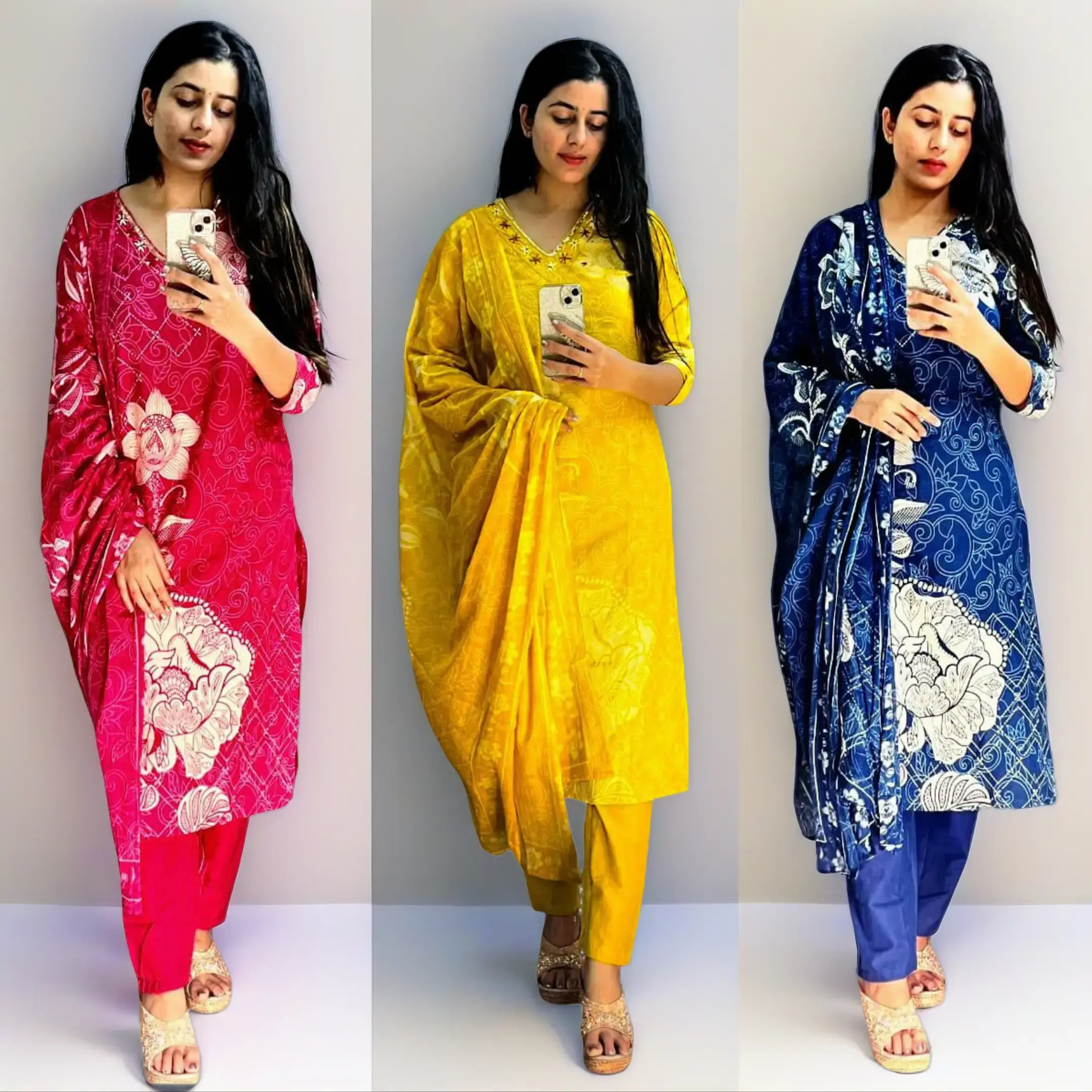 Women's 3-Piece Printed Cotton Salwar Suit with Handwork, Ethnic Kurta Set with Dupatta, Casual Wear Outfits, Clothes, Accessories, Costumes, Comfortable, Women's Clothes, 3-Pieces, All Seasons, Style, Everyday, Top, Soft, Printed Dupatta