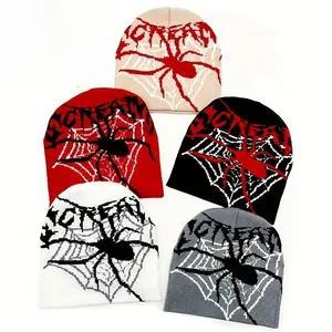 Y2K Unisex Beanie Hat with Halloween Spider Web & SCREAM Design  Stretchy Winter Skull Cap for Streetwear, Hip-Hop & Party Vibes (Red/Black/White/Grey)