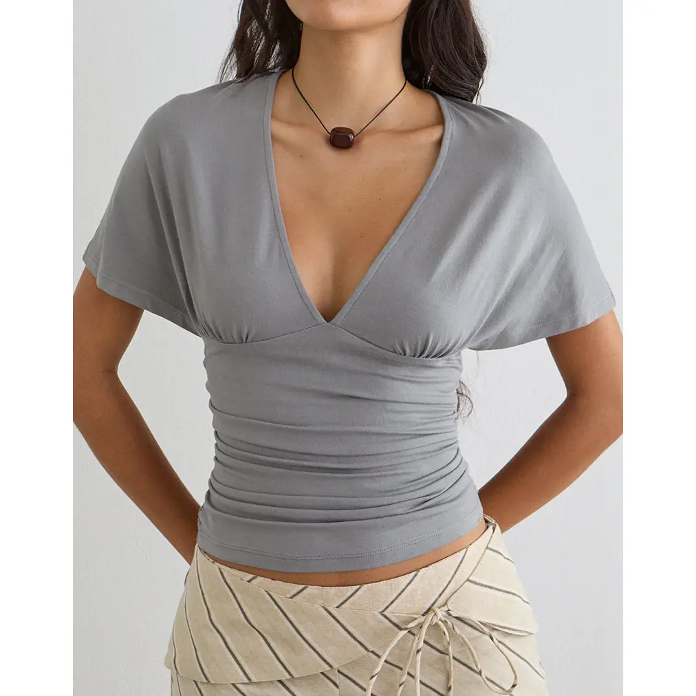 Osari Plunge Batwing Top in Jersey Grey