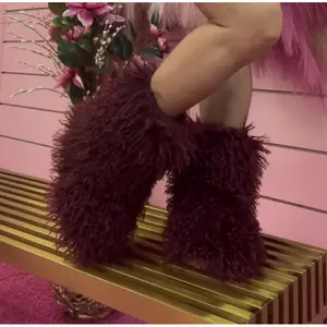 GOGO-3 BURGUNDY CURLY FUR SLIP ON BOOTS