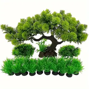 13pcs Aquarium Decorative Plastic Plant Set, Large Artificial Bonsai Trees & Multiple Grass Clusters, Realistic Fish Tank Simulation Greening