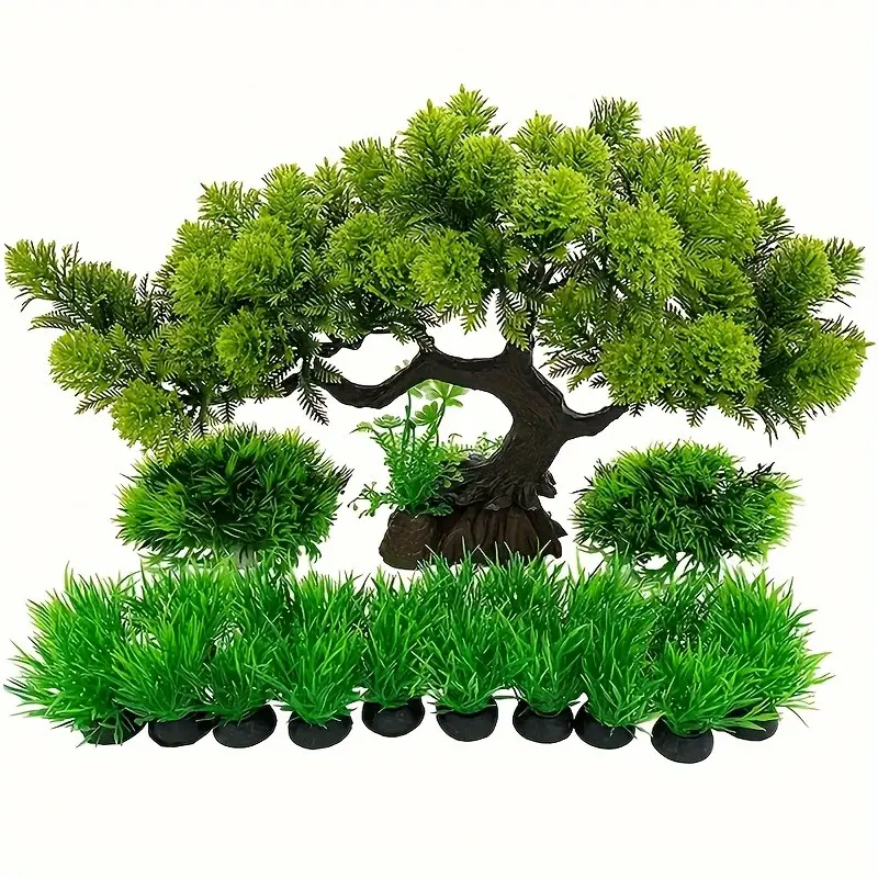 13pcs Aquarium Decorative Aquatic Plants Plastic Plant Set, Large Artificial Bonsai Trees & Multiple Grass Clusters, Realistic Fish Tank Simulation Greening, Fish Tank Decorations