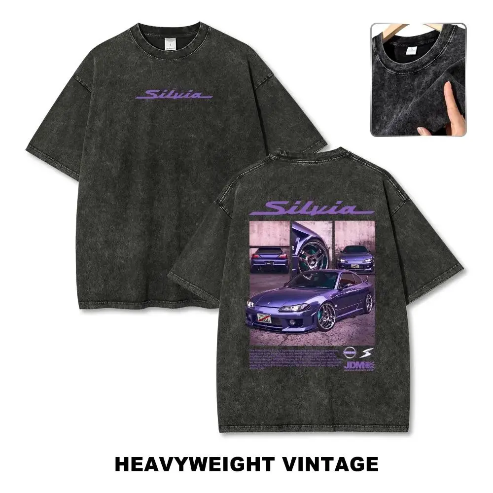 Women's S15 Modified JDM Japanese Drift Racing Car Vintage Washed Casual Short-Sleeve Round Neck T-Shirt, 90s Retro Oversized Aesthetic Original Graphic Streetwear, High-Quality Soft Apparel for Car Enthusiasts, Shortsleeve