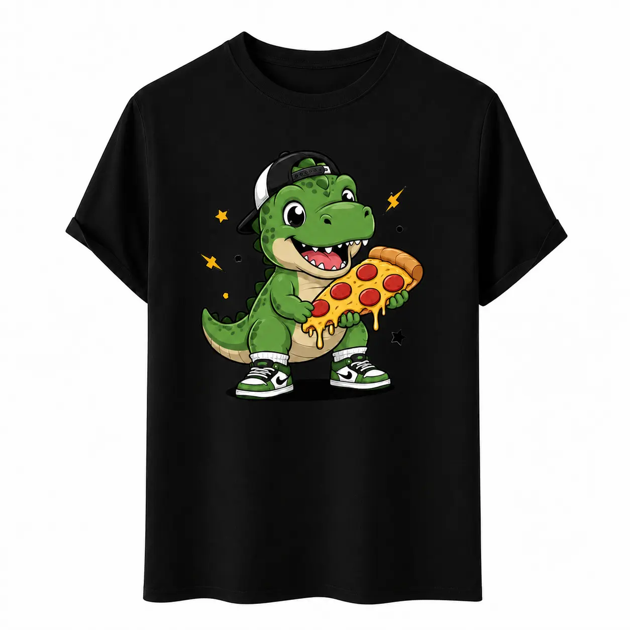 Cute Hip Hop Dinosaur Holding Pepperoni Pizza Cartoon Graphic T-Shirt Street Food Kids Unisex Tee