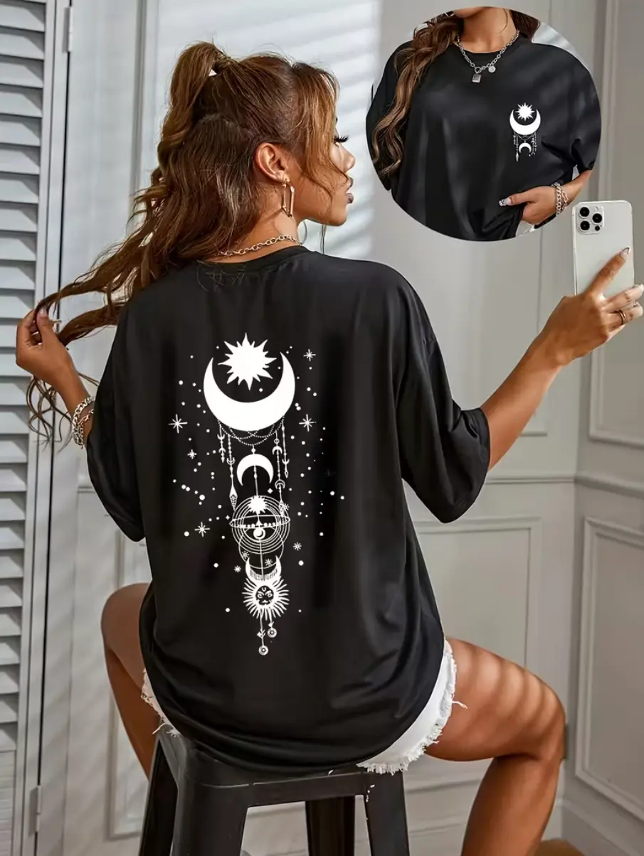 Celestial Sun Moon Star Astrology Back Print Oversized T-Shirt, Boho Mystical Witchy Casual Short Sleeve Tee unisex streetwear statement tee funny meme