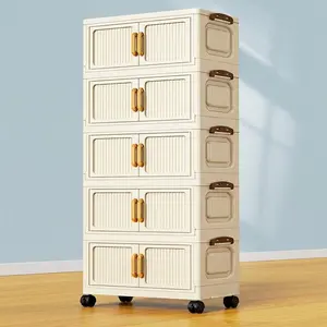 5-Layer Foldable Fluted Modern Storage Cabinet with Wheels, Large Capacity Organizer for Kitchen, Bedroom, Bathroom, Warehouse, Space-Saving Design