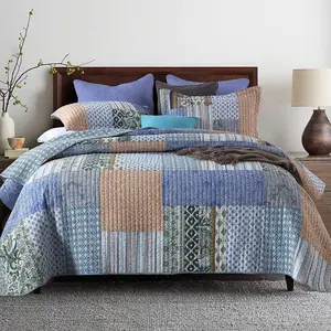 Cotton Bedspread Quilt Sets Reversible Bedding Coverlet Comforter, Vintage Floral Paisley Patchwork Bohemian Blue Quenn Size Bedspread, Breathable Reversible Real Patchwork Bedding